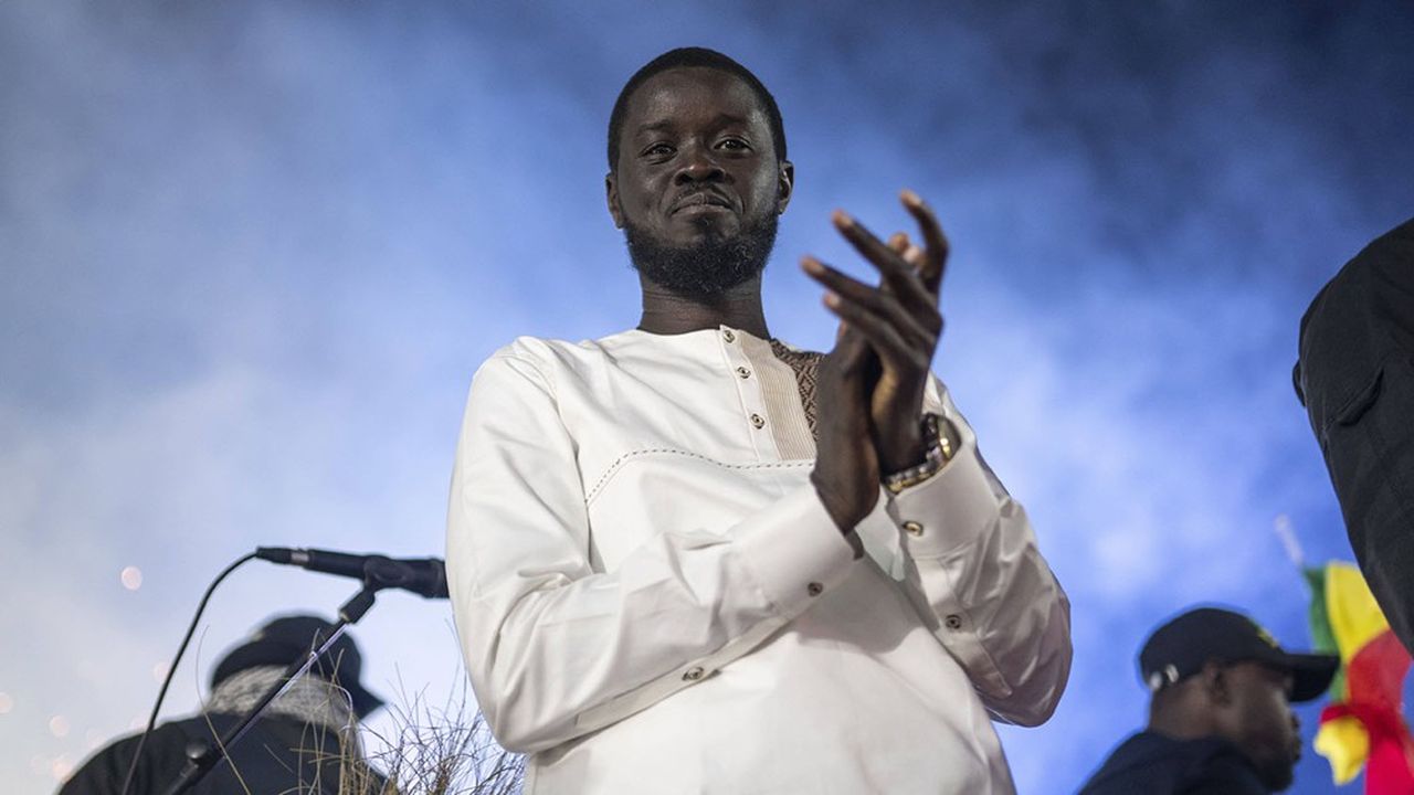 Presidential candidate Bassirou Diomaye Faye attends a final campaign rally ahead of the presidential elections in Mbour, Senegal, Friday, March 22, 2024. (AP Photo/Mosa'ab Elshamy)/XMS103/24083013886583//2403230132