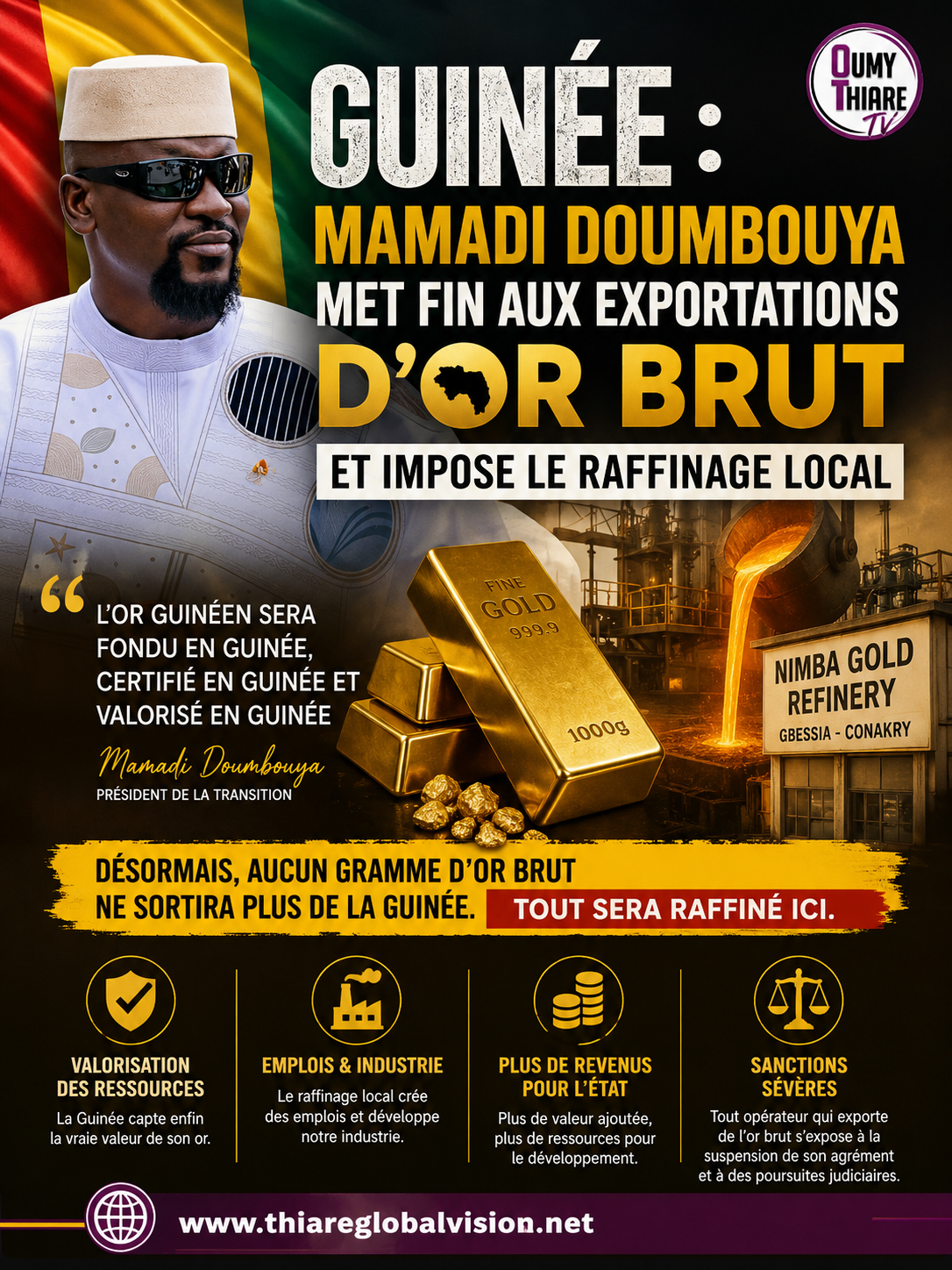 Guinée : Mamadi Doumbouya met fin aux exportations d’or brut et impose le raffinage local