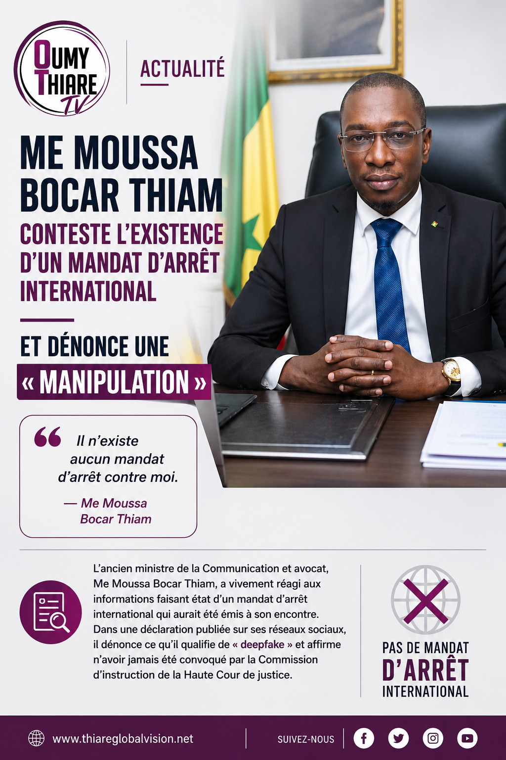 Me Moussa Bocar Thiam conteste l’existence d’un mandat d’arrêt international et dénonce une « manipulation »