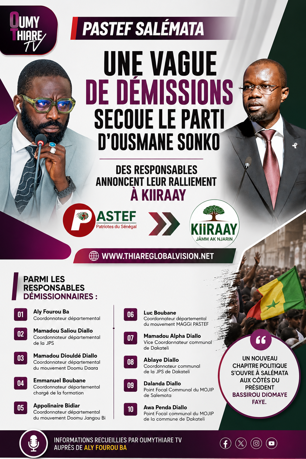 PASTEF Salémata : une vague de démissions secoue le parti d’Ousmane Sonko, des responsables annoncent leur ralliement à Kiiraay