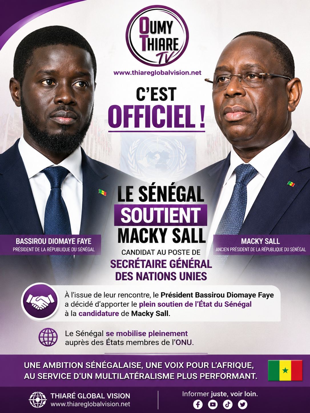 ONU : Diomaye Faye apporte le soutien officiel du Sénégal à la candidature de Macky Sall