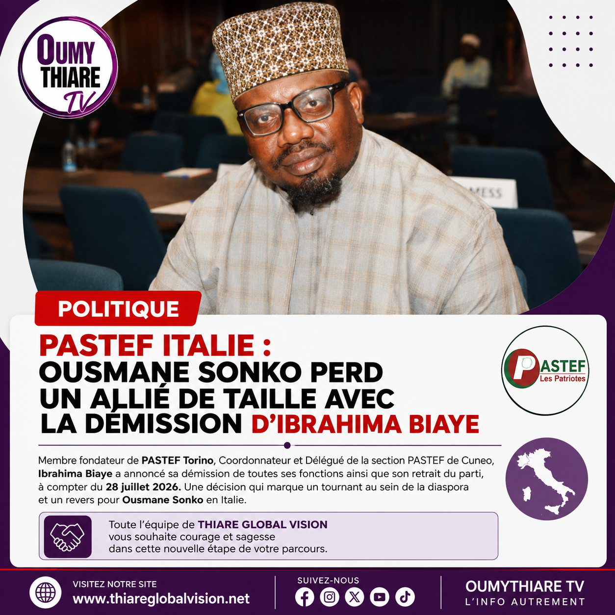 Pastef Italie : Ousmane Sonko perd un allié de taille avec la démission d’Ibrahima Biaye
