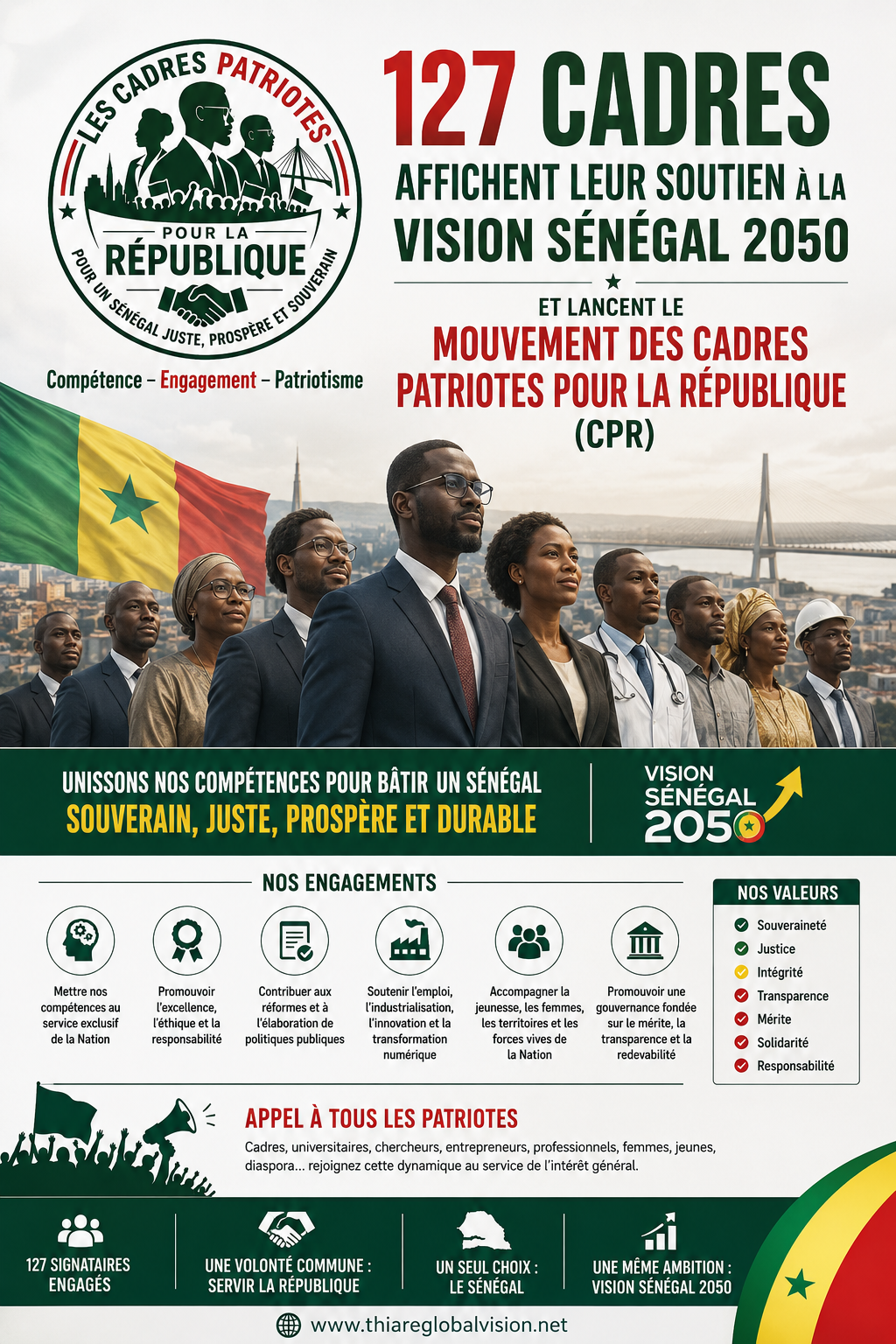 127 cadres affichent leur soutien à la Vision Sénégal 2050 et lancent le Mouvement des Cadres Patriotes pour la République