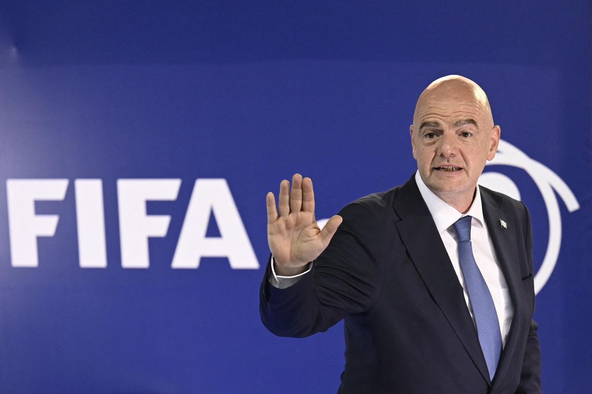 President of the International Federation of Association Football (FIFA), Swiss Gianni Infantino, gestures after a press conference at the Sports Center Dome of the Autonomous Sports Confederation of Guatemala in Guatemala City, on August 30, 2022. (Photo by JOHAN ORDONEZ / AFP)