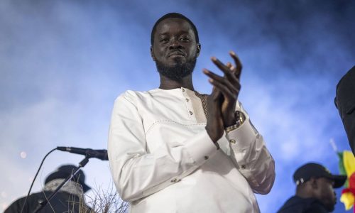 Presidential candidate Bassirou Diomaye Faye attends a final campaign rally ahead of the presidential elections in Mbour, Senegal, Friday, March 22, 2024. (AP Photo/Mosa'ab Elshamy)/XMS103/24083013886583//2403230132